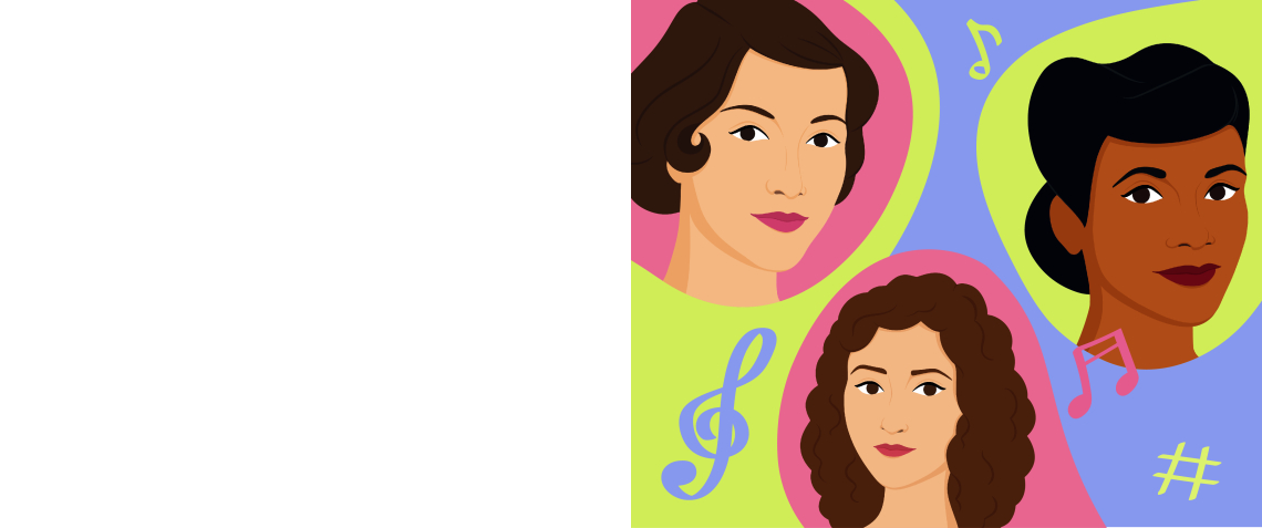 Illustration de visages féminins et signes musicaux